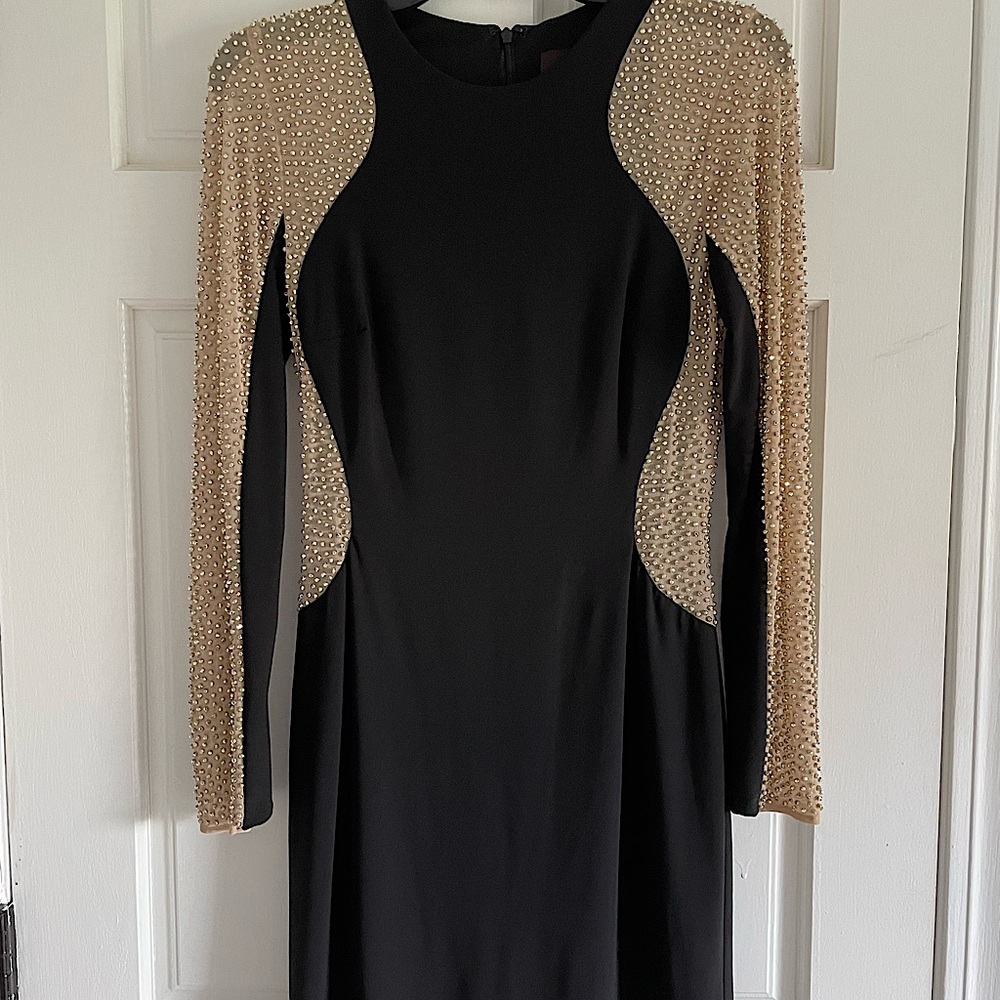 Camille La Vie | Black with Gold Sheet Beaded arms mini dress